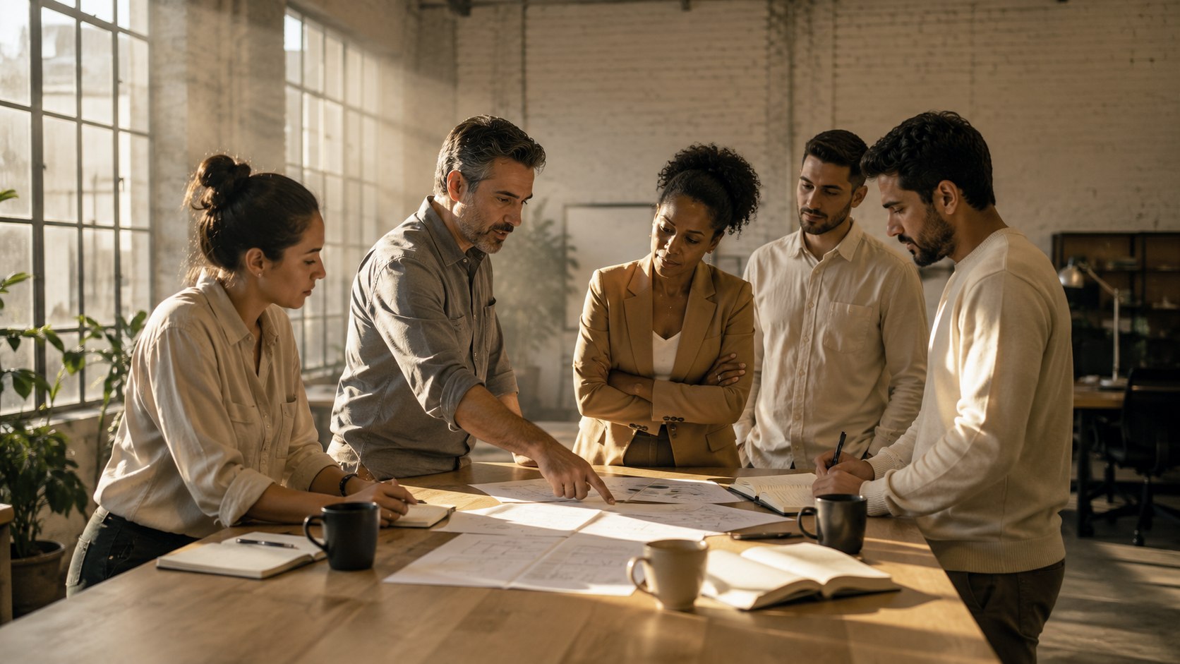 Equipe da Garre resolvendo junto, em pé ao redor da mesa